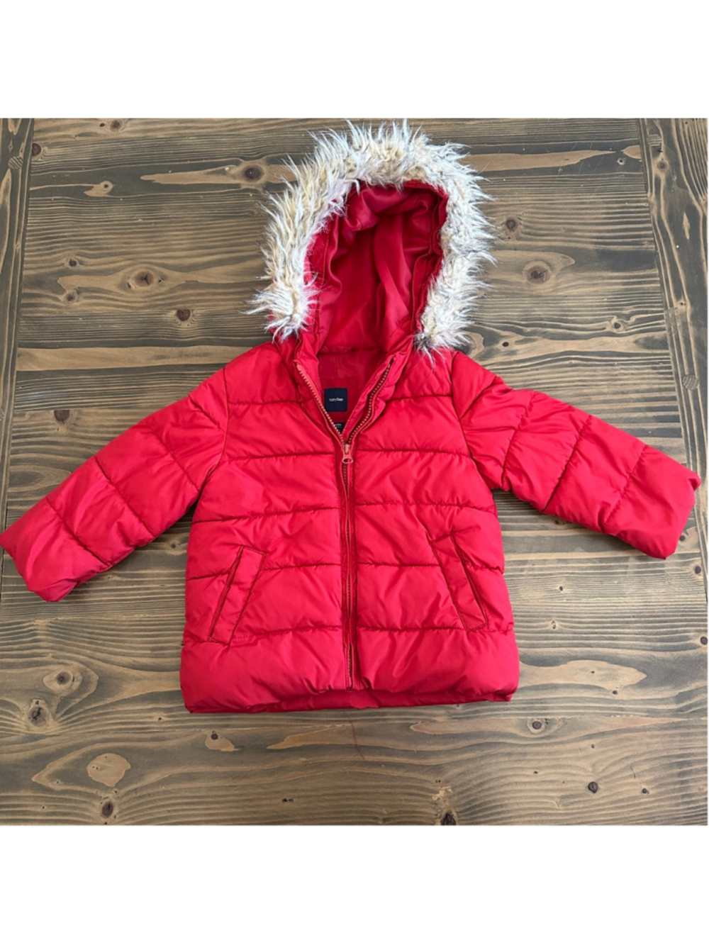 Toddler babyGap Red Puffer Jacket Faux Fur Hood Winter Coat 3T